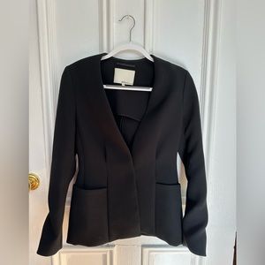 3.1 Phillip Lim collarless black scuba blazer with clasp closure and pockets
